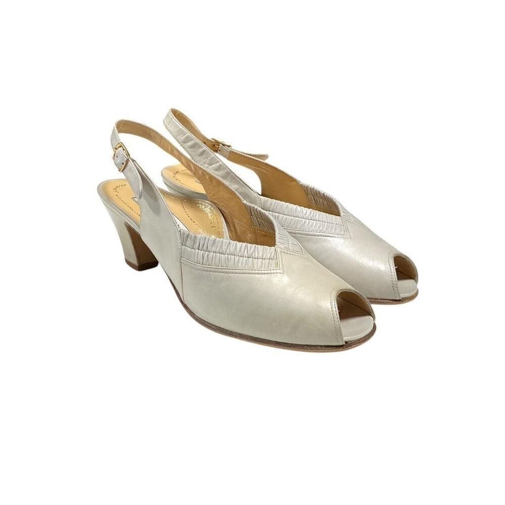 Peron Slingback Peeptoe Shoes Women 9 40 Gray Italian Leather Heel Vintage 90s